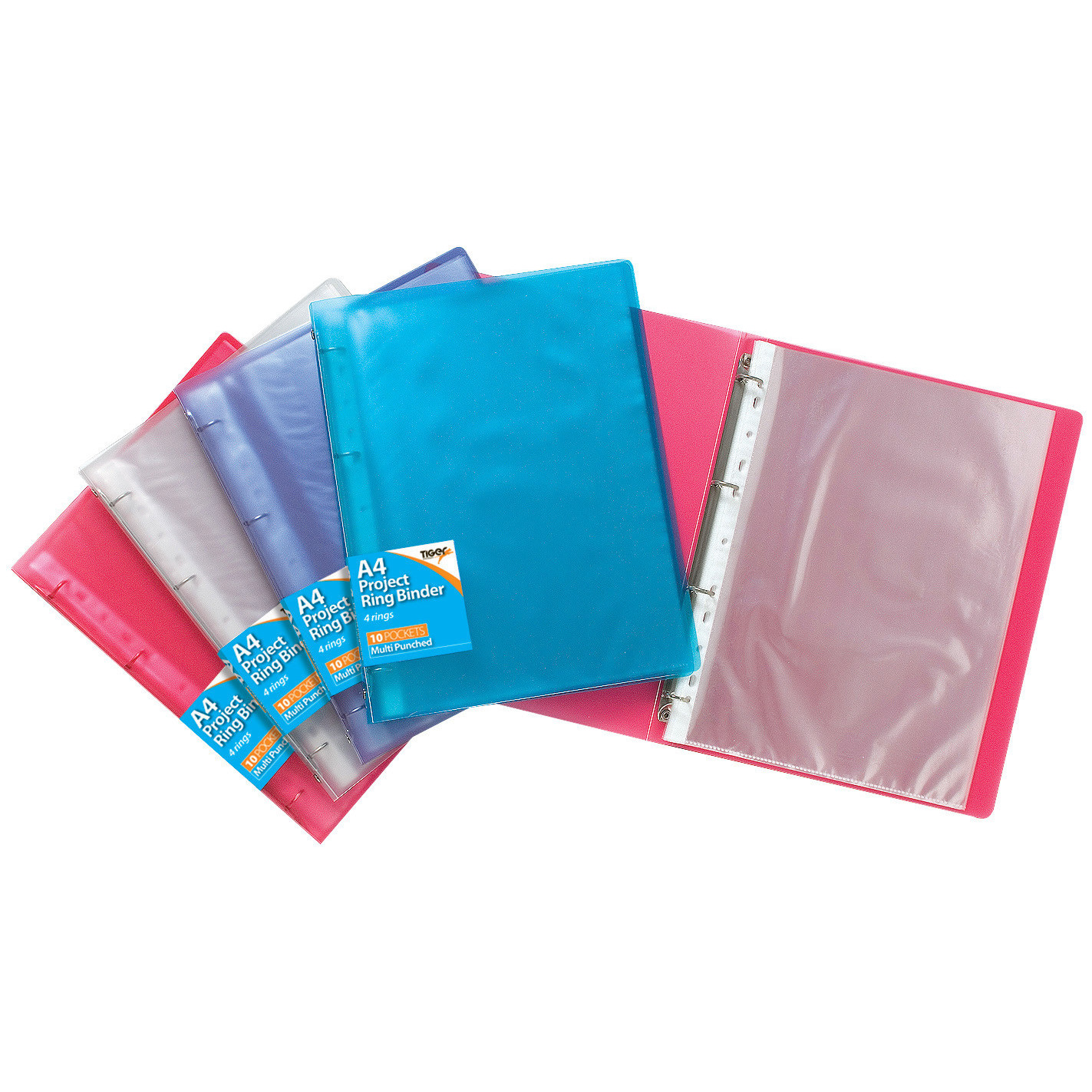 Tiger Stationery A4 Slim 4 Ring Binder Clearview Assorted