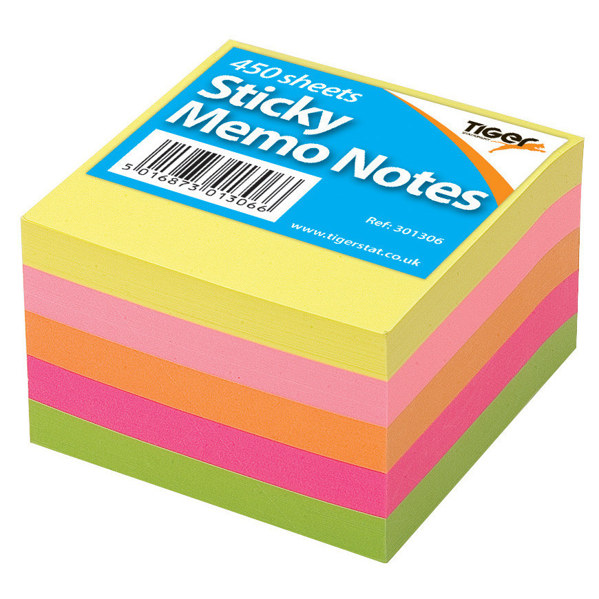 Tiger Stationery Block 3x3in Neon Sticky Memo Notes 450 sheets