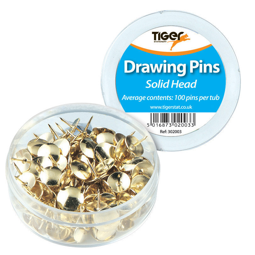 Tiger Stationery Pot 100 Drawing Pins Brass